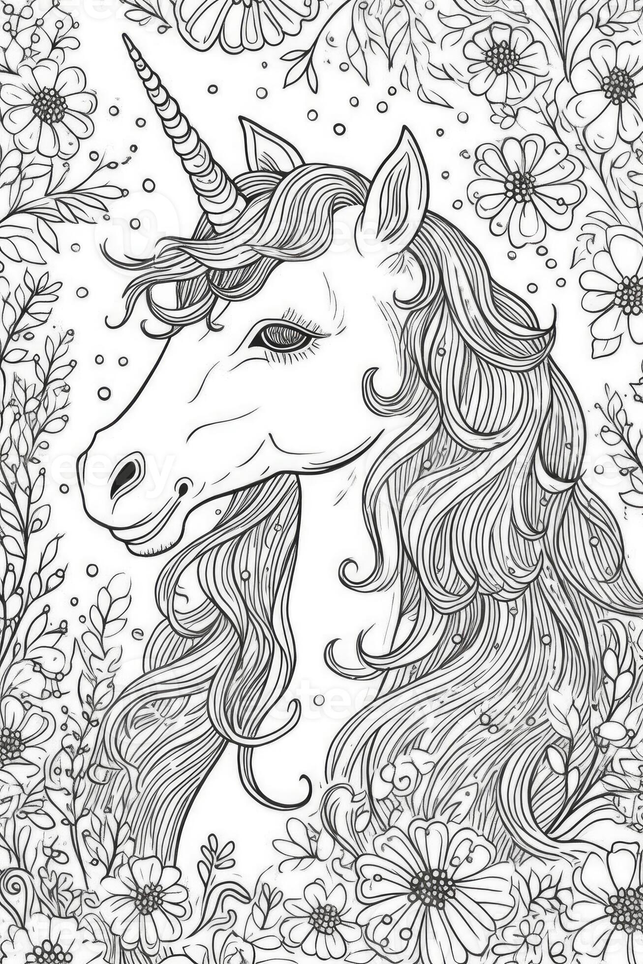 Cute cartoon unicorn. Black and white illustration for coloring book