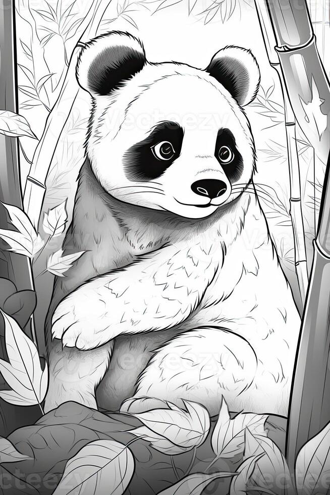 Cute cartoon panda. Black and white illustration for coloring book. photo