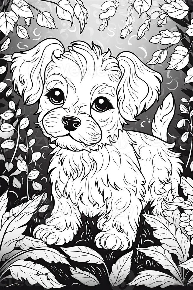 Coloring page outline of cartoon cute little puppy dog. illustration coloring book for kids. photo