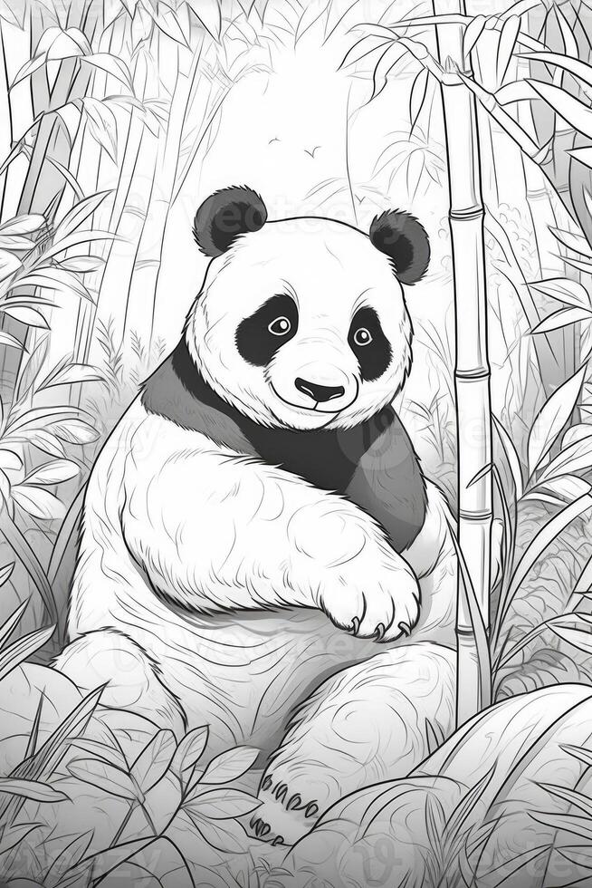 Cute cartoon panda. Black and white illustration for coloring book. photo