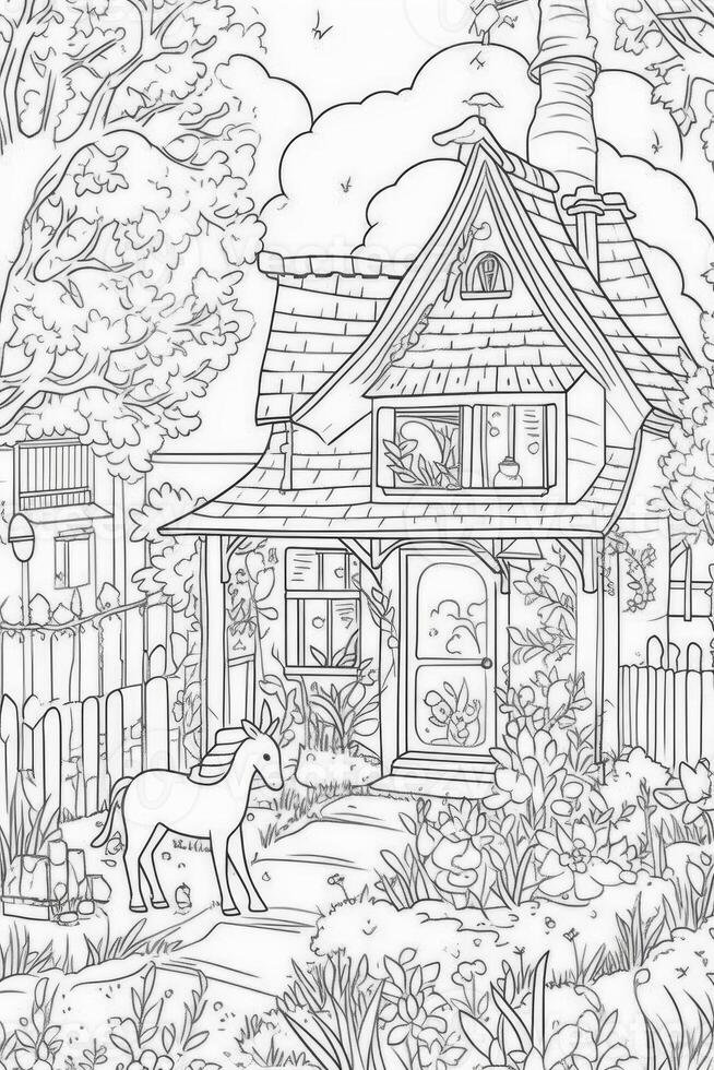 Cute cartoon unicorn. Black and white illustration for coloring book. photo