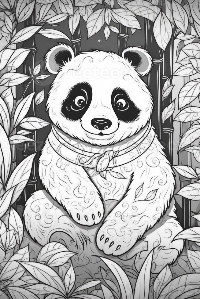 Cute cartoon panda. Black and white illustration for coloring book. photo