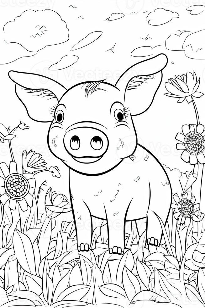 Coloring page outline of cartoon cute little pig. Coloring book for kids. photo