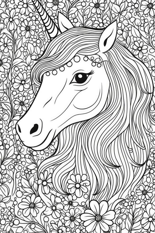 linda dibujos animados unicornio. negro y blanco ilustración para colorante libro. generativo ai foto