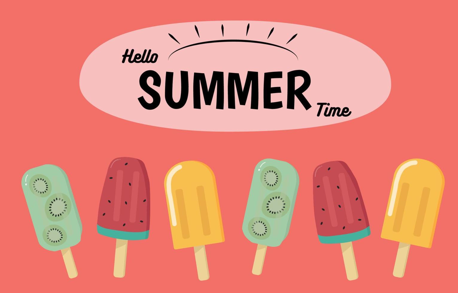Summer Icecream Hello summer time Retro watermelon and kiwi icecream. Vector illustration Flat design Greeting card, poster
