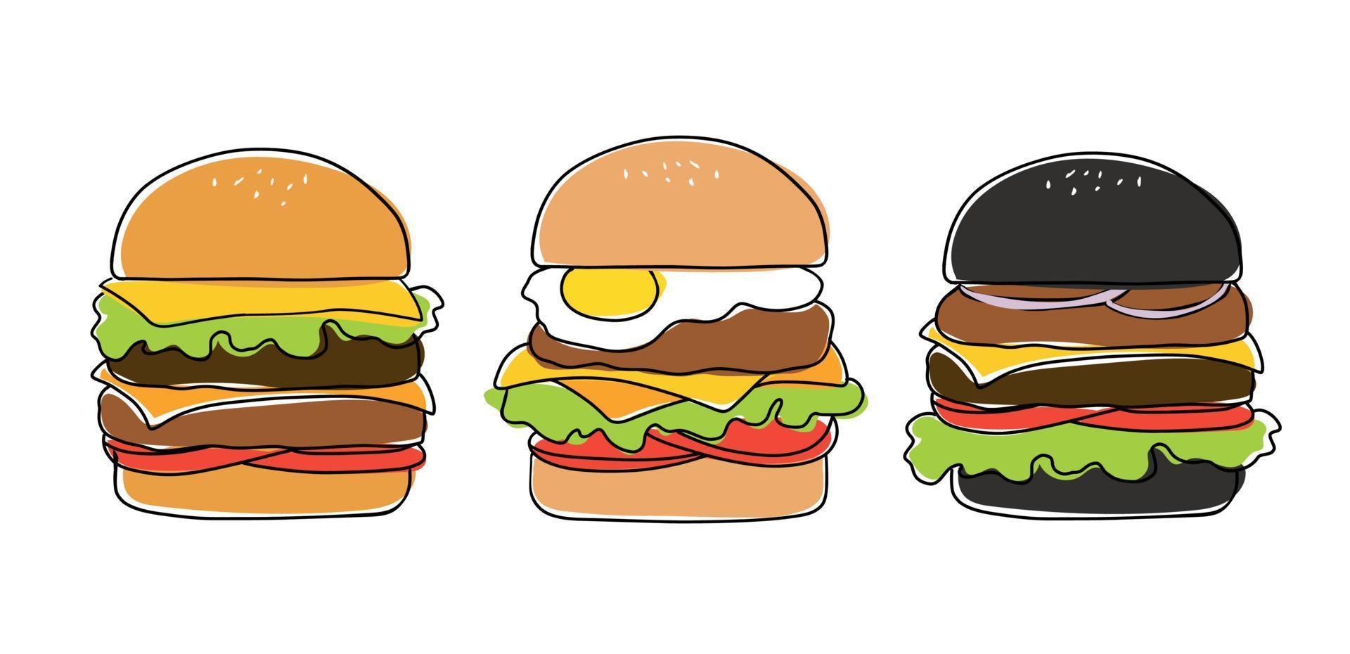 Vector hand drawn burgers. Fast food and unhealthy food isolated on white background. Cheeseburger icon for restaurant menu