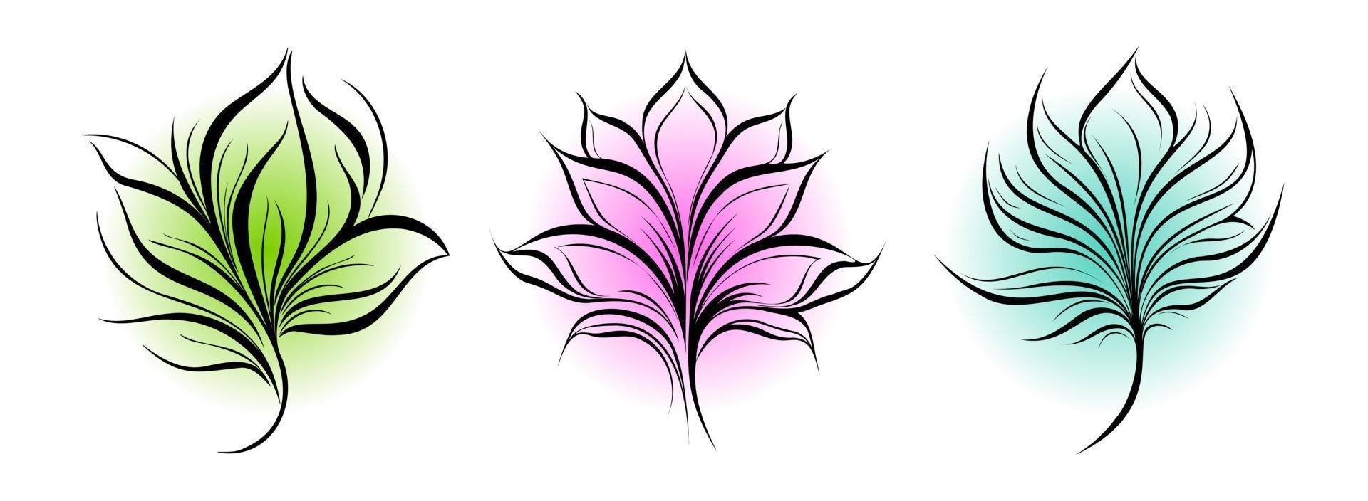 Set of minimalistic modern line art. Hand drawn flowers with blurred shapes backgrounds for print, beauty and fashion. vector