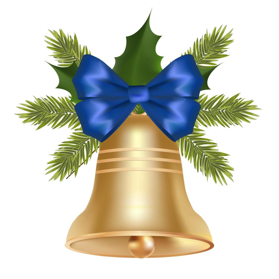 Christmas bell with blue bow and pine tree branch vector