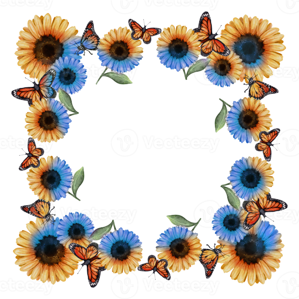 vibrante girassol e monarca borboleta aguarela quadro. uma delicioso Adição para seu tema de verão projetos e desenhos png