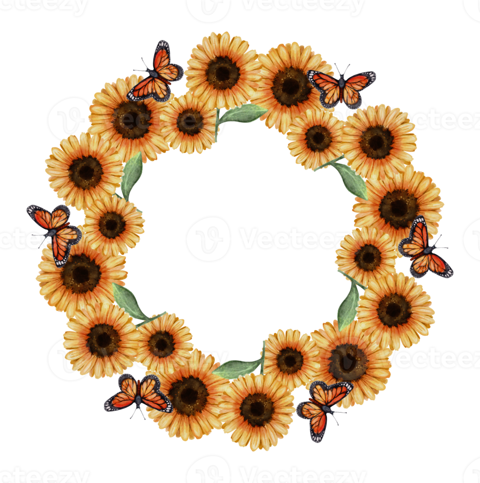 Vibrant Sunflower and Monarch Butterfly Watercolor Frame. A Delightful Addition to Your Summer-Themed Projects and Designs png