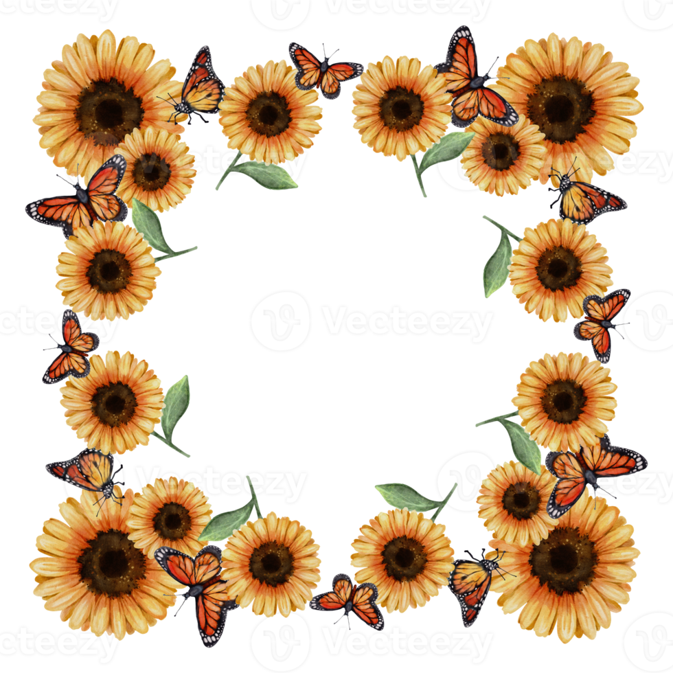 vivace girasole e monarca farfalla acquerello telaio. un' delizioso aggiunta per il tuo a tema estivo progetti e disegni png