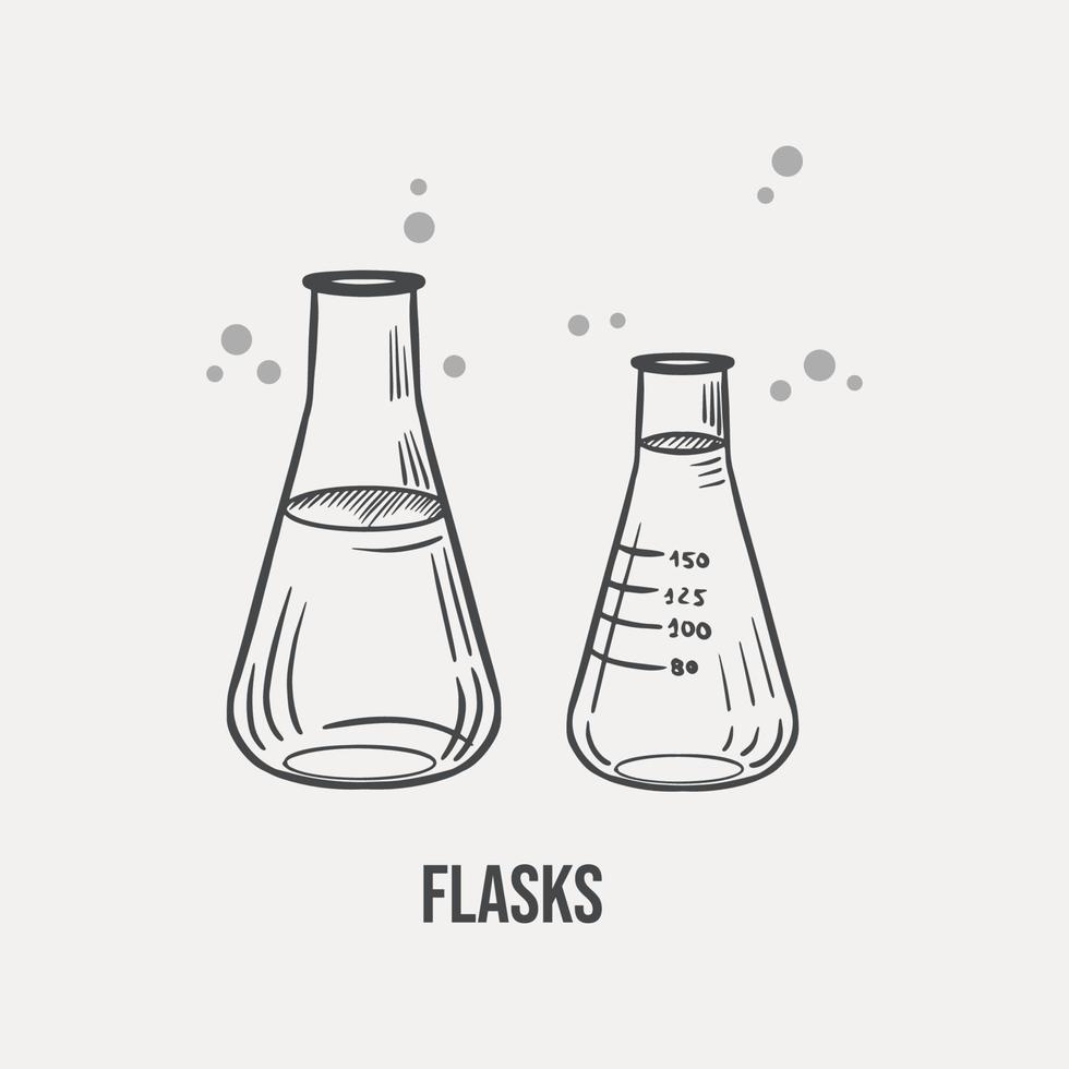 Sketch of two laboratory flasks for chemistry lessons, hand-drawn on a light background. Vector