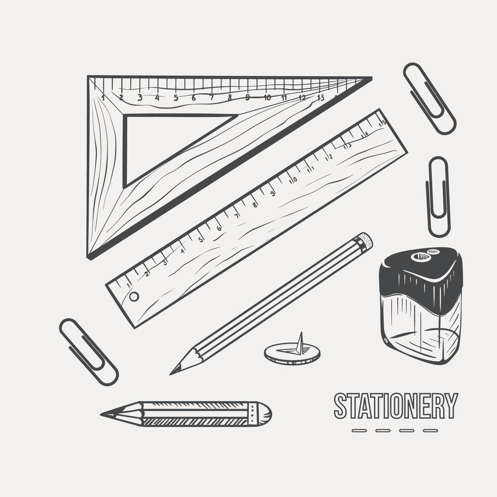 Sketch set of stationery square, ruler, sharpener, paper clips, pencils, hand-drawn buttons on a light background. Vector