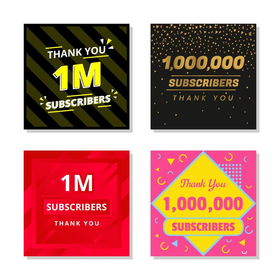 Thank you 1m subscribers set template vector. 1000000 subscribers. 1m subscribers colorful design vector. thank you one million subscribers vector