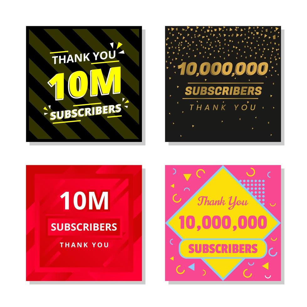 Thank you 10m subscribers set template vector. 10000000 subscribers. 10m subscribers colorful design vector. thank you ten million subscribers vector