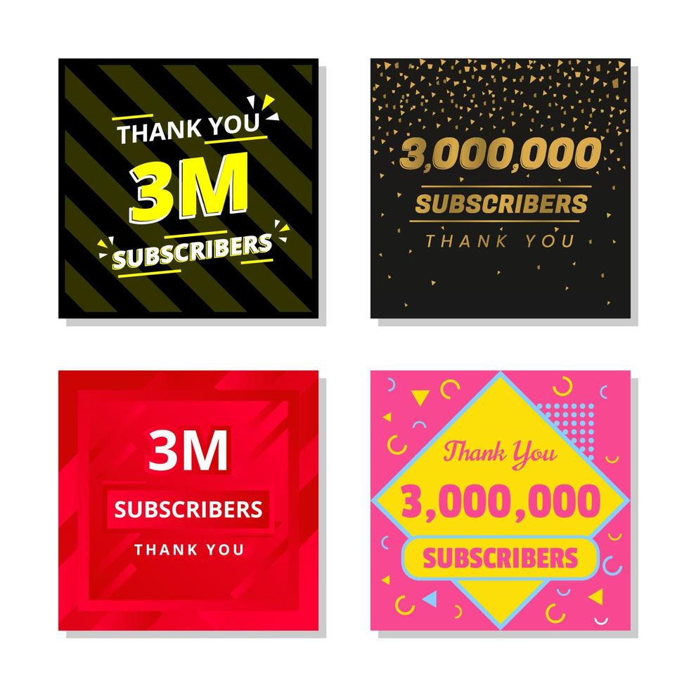 Thank you 3m subscribers set template vector. 3000000 subscribers. 3m subscribers colorful design vector. thank you three million subscribers vector