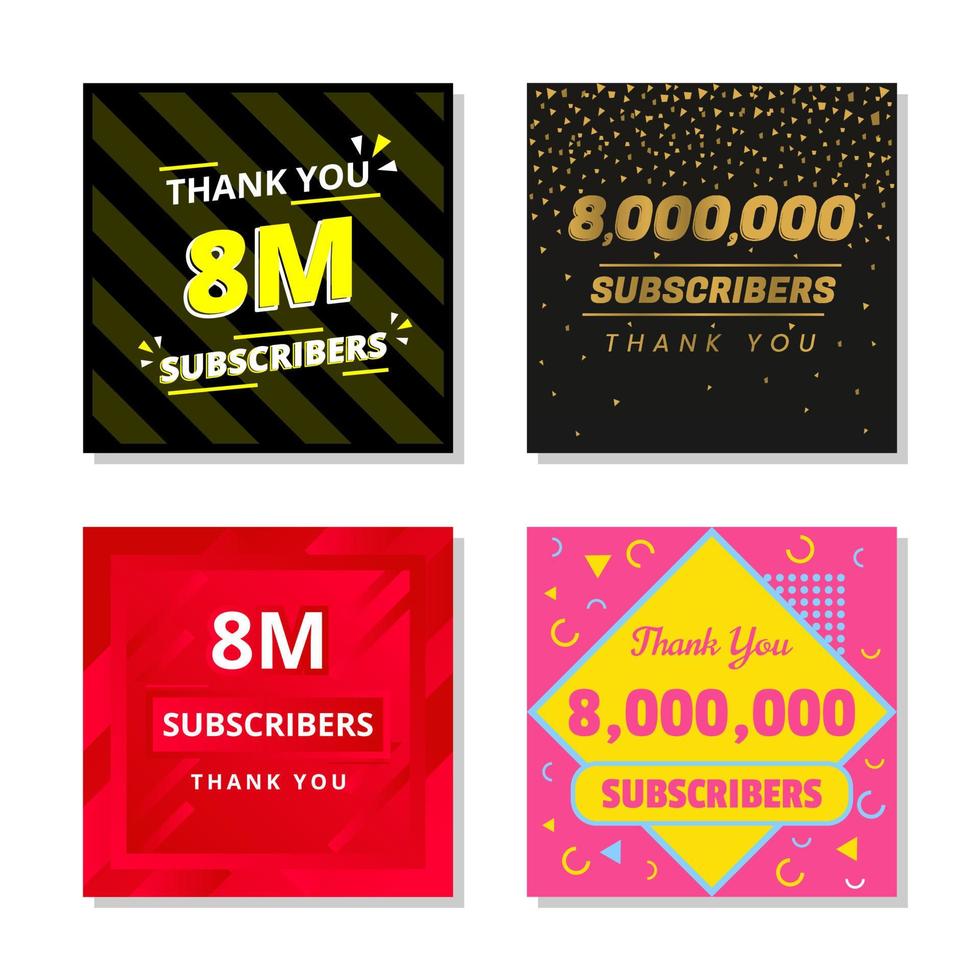 Thank you 8m subscribers set template vector. 8000000 subscribers. 8m subscribers colorful design vector. thank you eight million subscribers vector