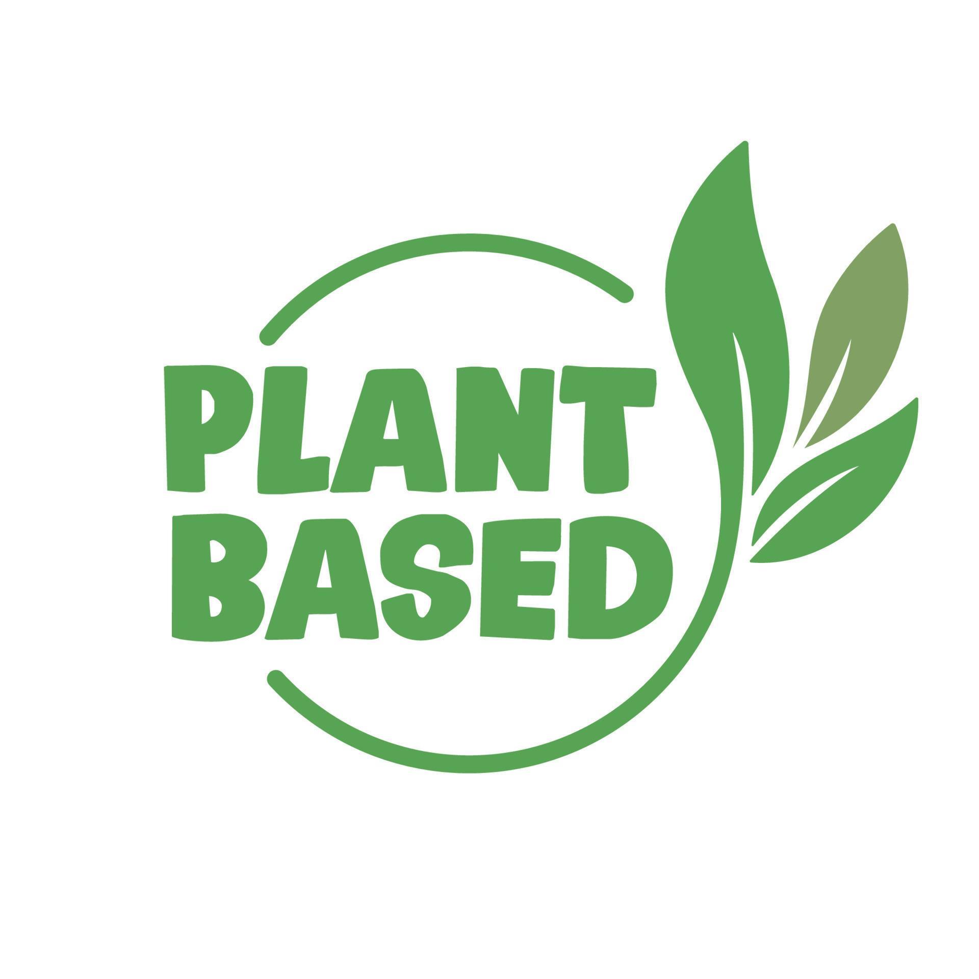 Plant based label. Text inside a circle with leaves around. Vegan