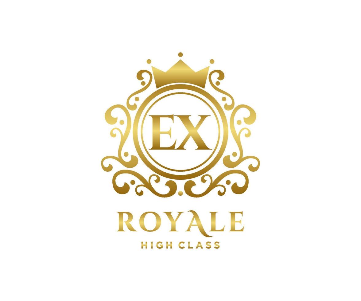 Golden Letter EX template logo Luxury gold letter with crown. Monogram alphabet . Beautiful royal initials letter. vector