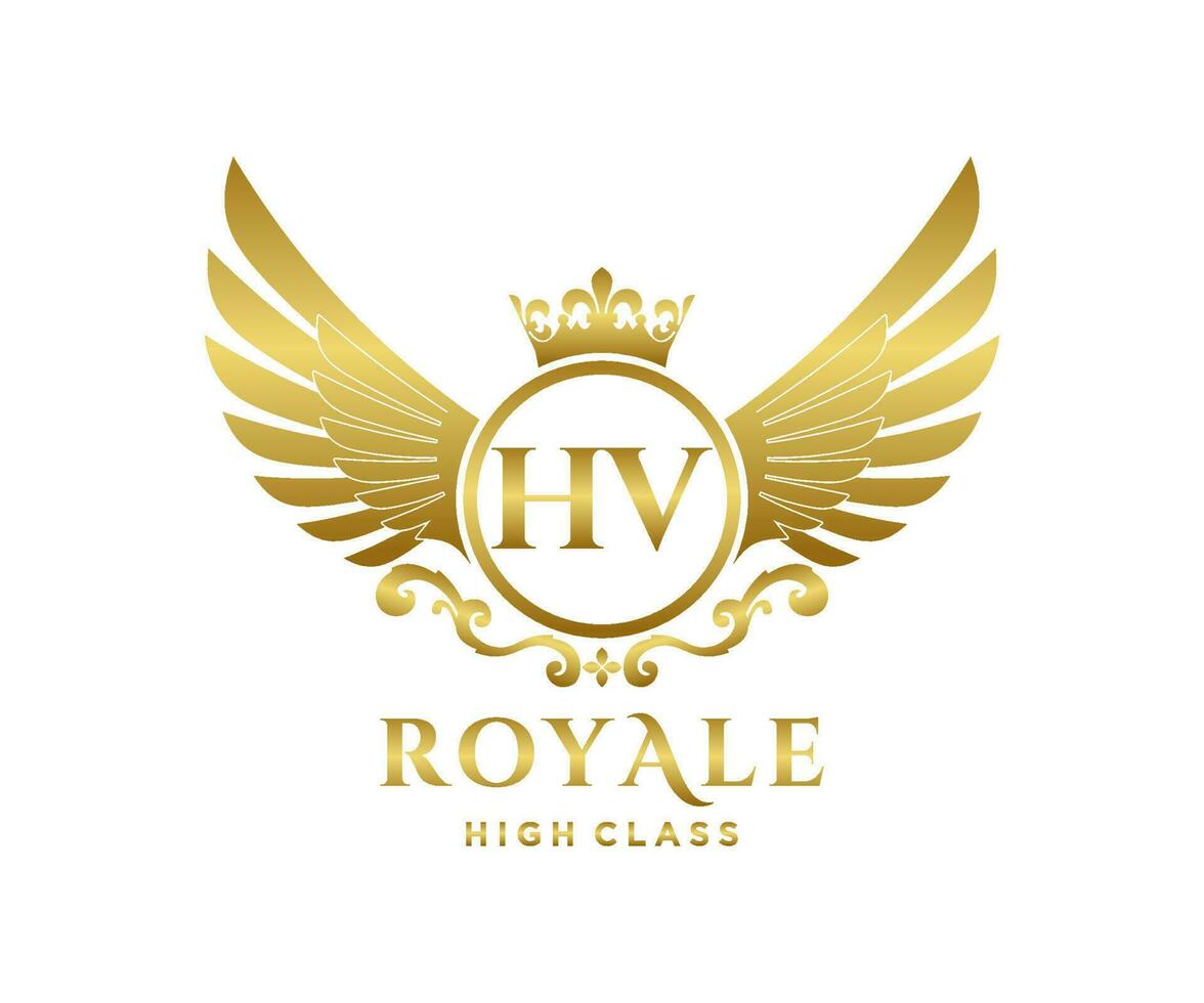 Golden Letter HV template logo Luxury gold letter with crown. Monogram alphabet . Beautiful royal initials letter. vector