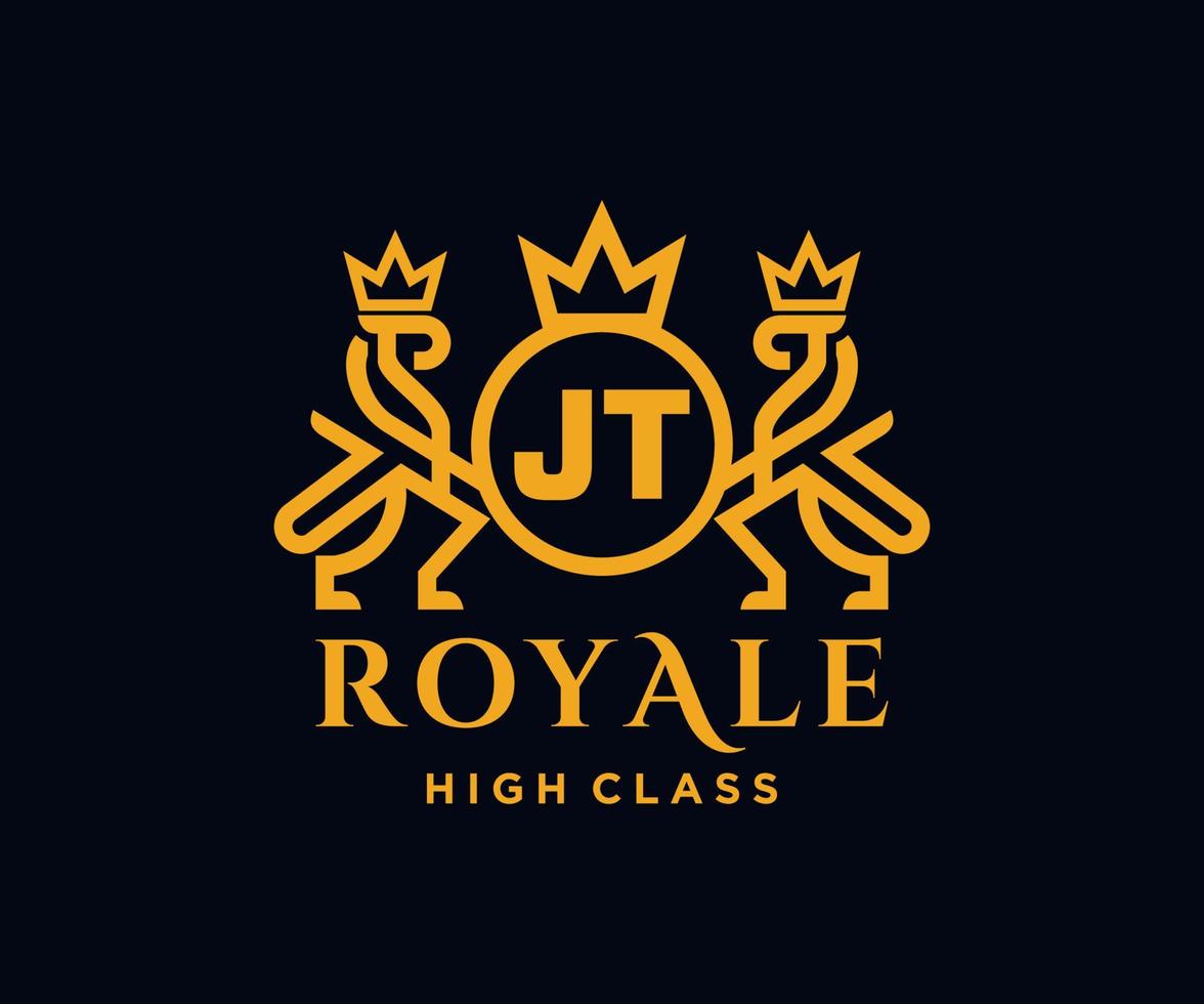 Golden Letter JT template logo Luxury gold letter with crown. Monogram alphabet . Beautiful royal initials letter. vector