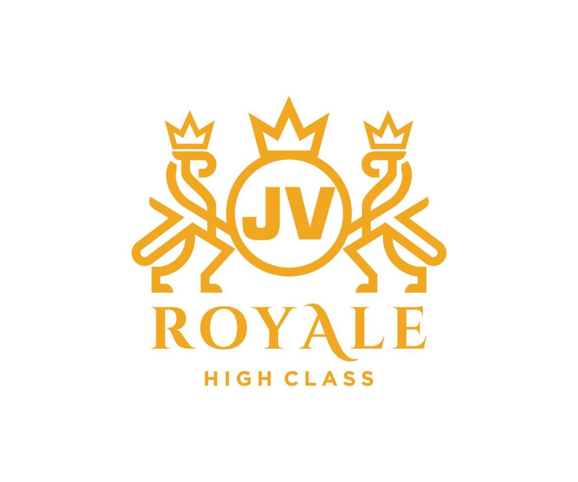 Golden Letter JV template logo Luxury gold letter with crown. Monogram alphabet . Beautiful royal initials letter. vector