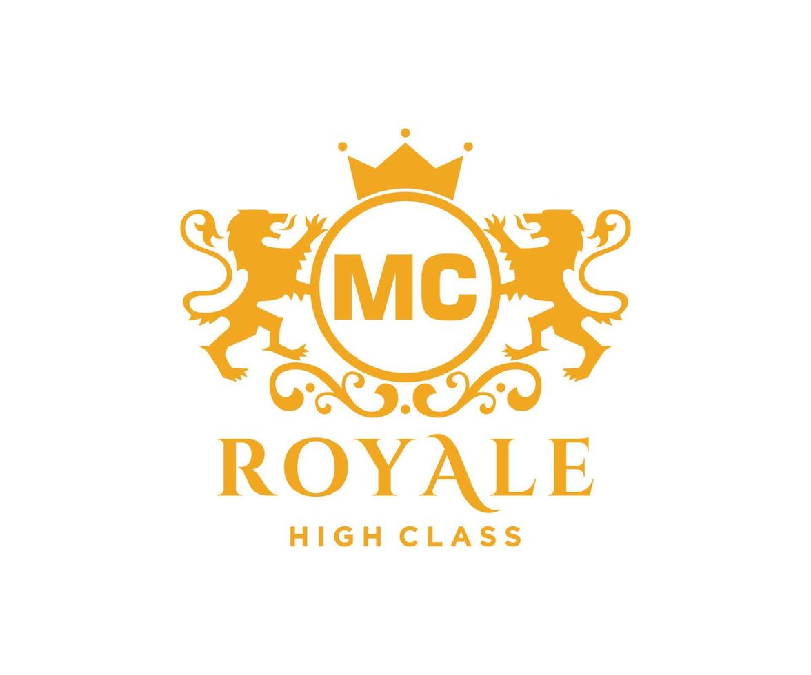 Golden Letter MC template logo Luxury gold letter with crown. Monogram alphabet . Beautiful royal initials letter. vector