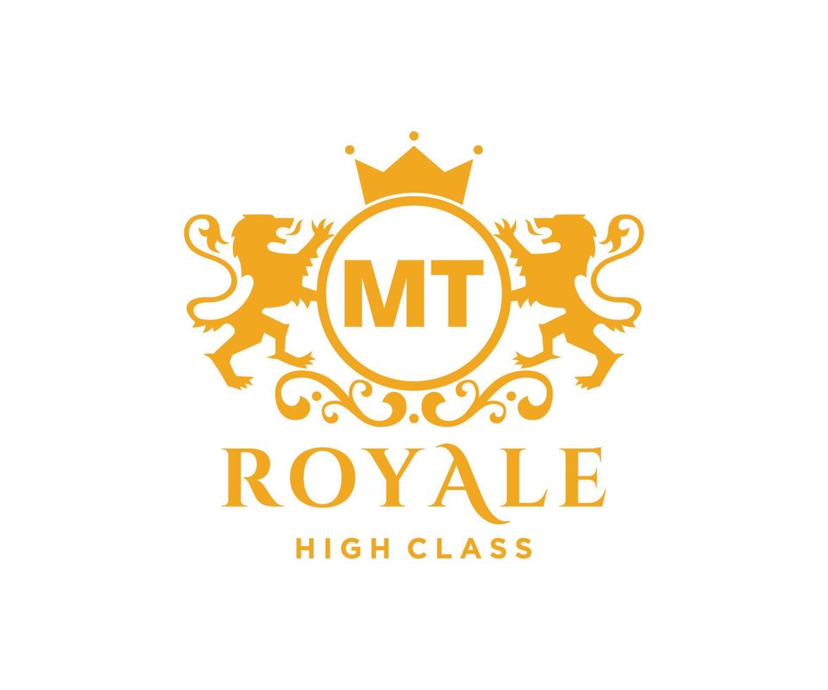 Golden Letter MT template logo Luxury gold letter with crown. Monogram alphabet . Beautiful royal initials letter. vector