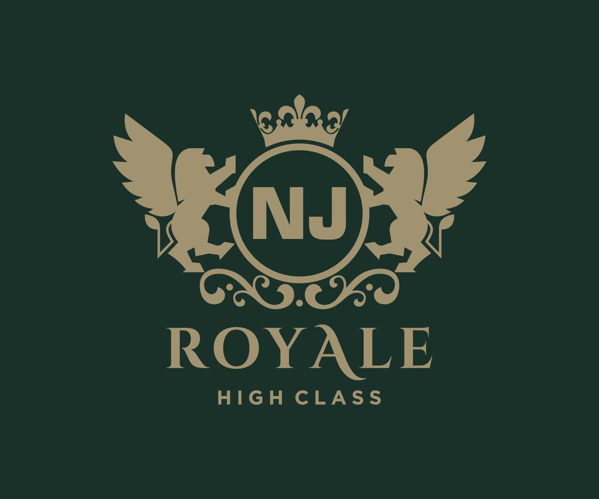 Golden Letter NJ template logo Luxury gold letter with crown. Monogram alphabet . Beautiful royal initials letter. vector