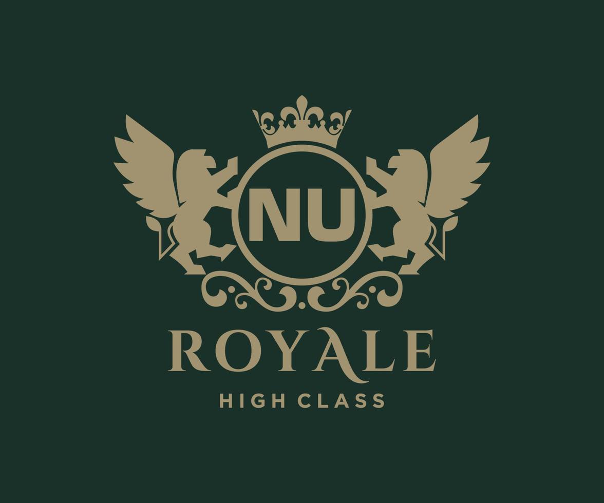 Golden Letter NU template logo Luxury gold letter with crown. Monogram alphabet . Beautiful royal initials letter. vector