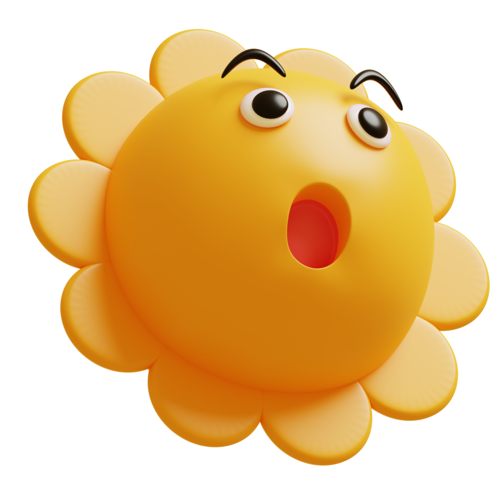 3D sun emoticon.Yellow face wow emoji. Surprised, shocked emoticon. Popular chat elements. png
