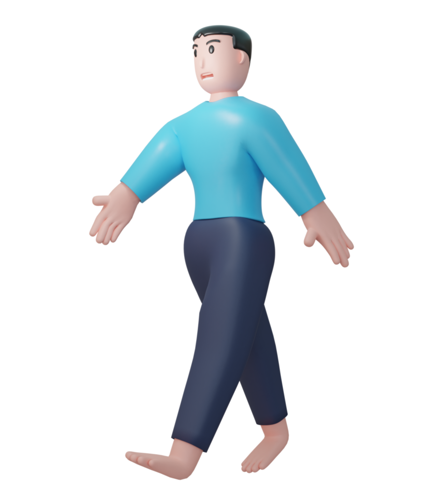 3D cartoon man walking casually. Illustration of a man walking on a transparent background 3d rendering png