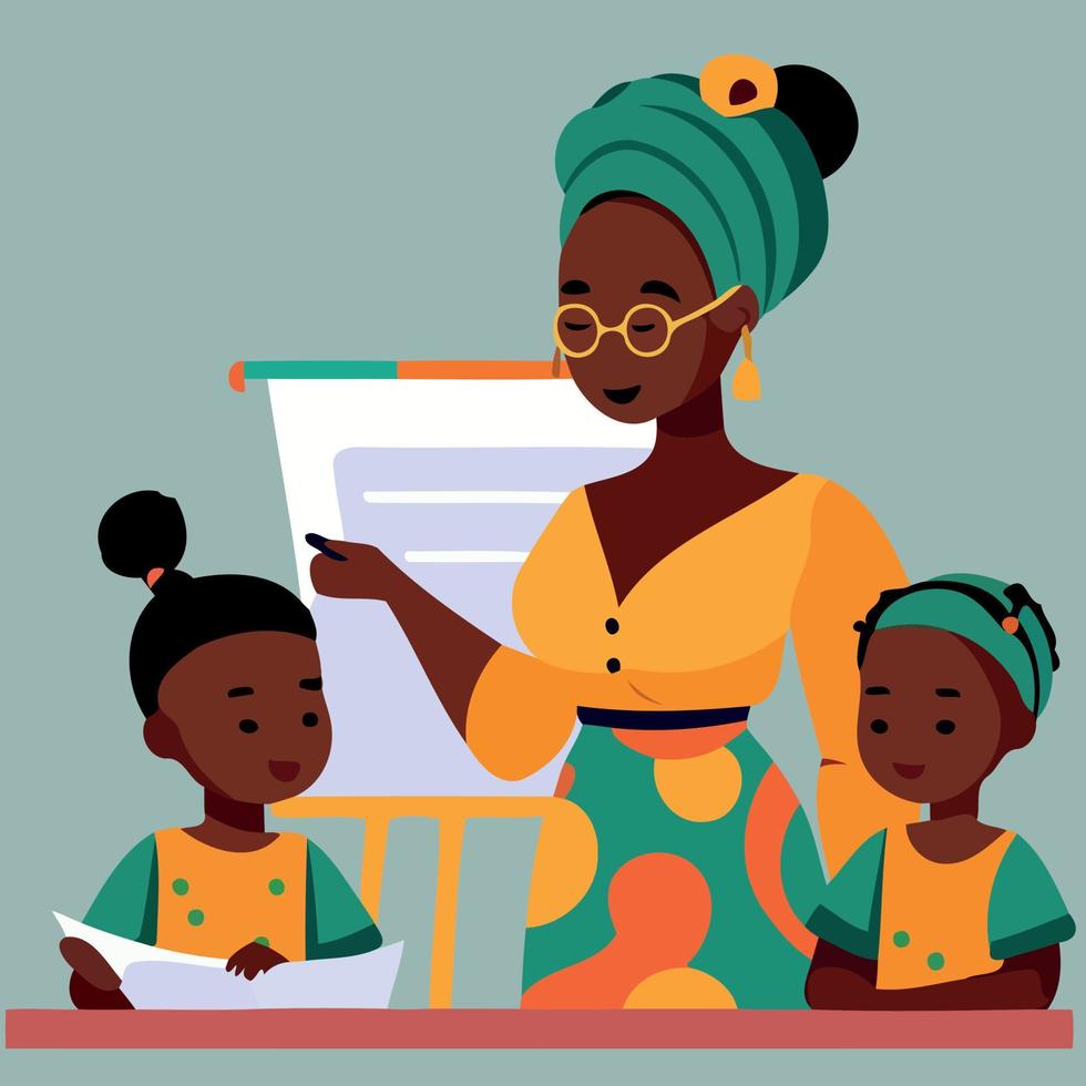 Teachers day female black teacher and two kids vector