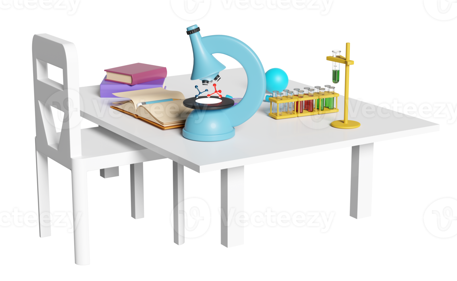 3d science experiment kit with microscope, globe, magnifying, beaker, test tube, student desk, chair isolated. room innovative education, e-learning concept, 3d render illustration png