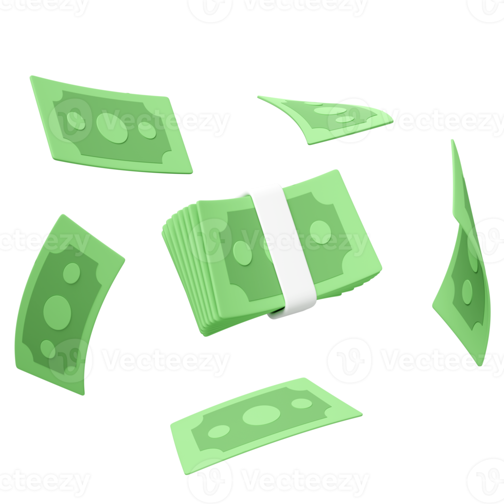 3d geven illustratie, 3d dollar bankbiljet stack met vliegend bankbiljetten geïsoleerd. economisch bewegingen of bedrijf financiën, lening concept png