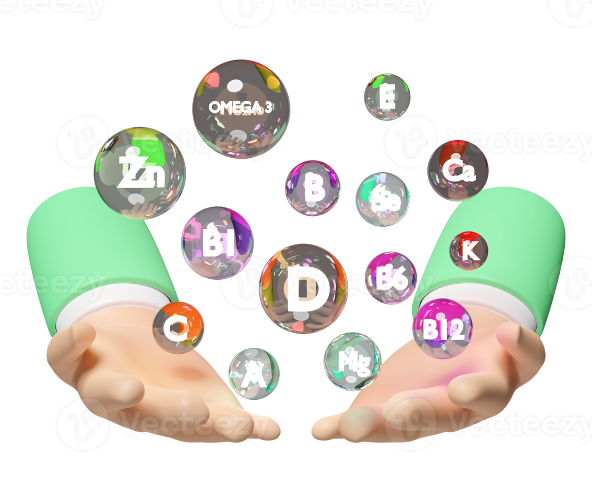 3d hand holding multivitamins, protect your health, The vitamins your body needs isolated. 3d render illustration png