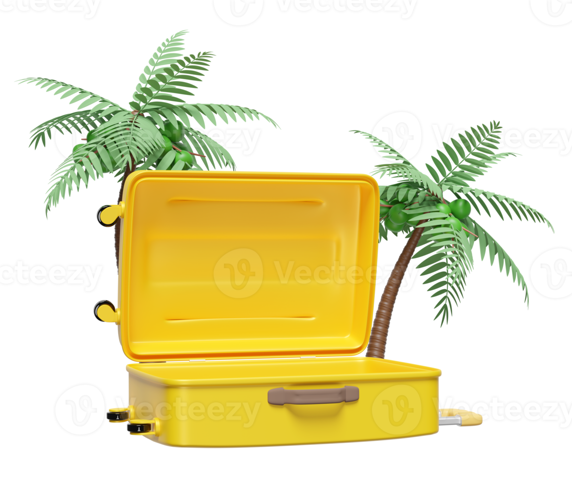 3d yellow open suitcase empty with palm tree isolated. summer travel concept, 3d render illustration png