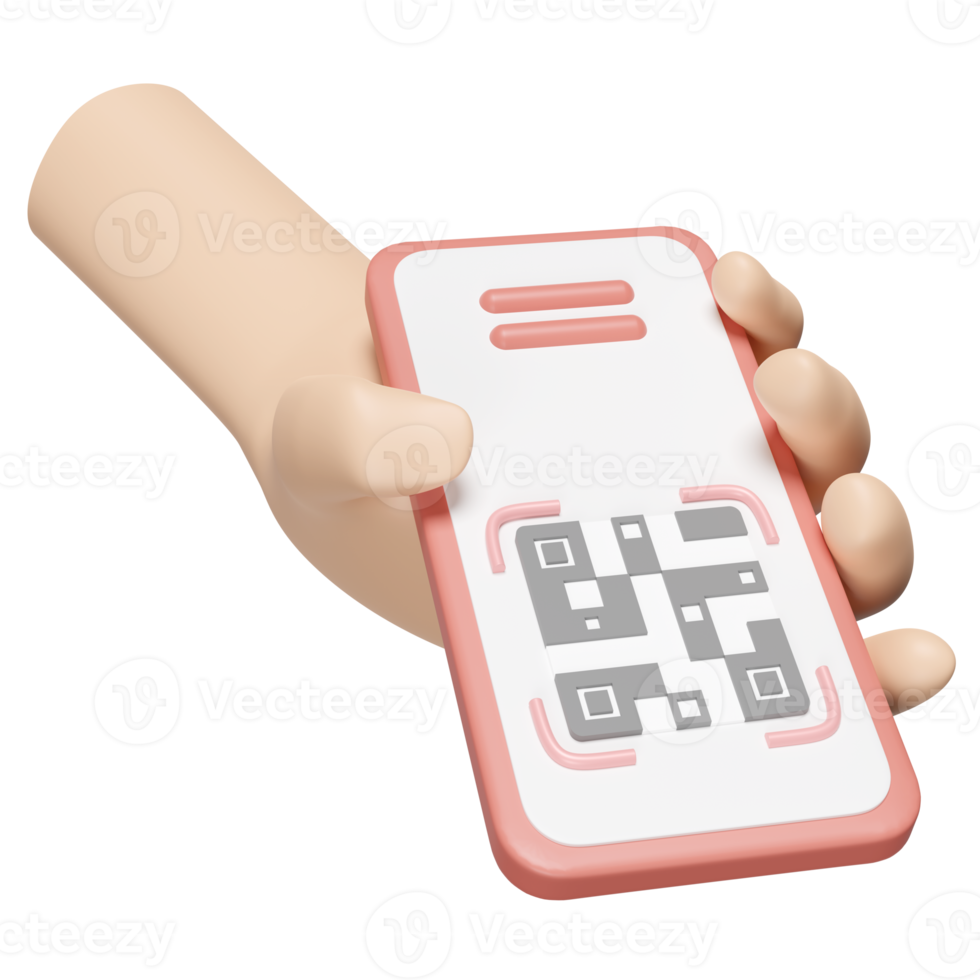 hand holding mobile phone, smartphone 3d fly with qr code scanner isolated. cashless payment, online shopping concept, 3d render illustration png