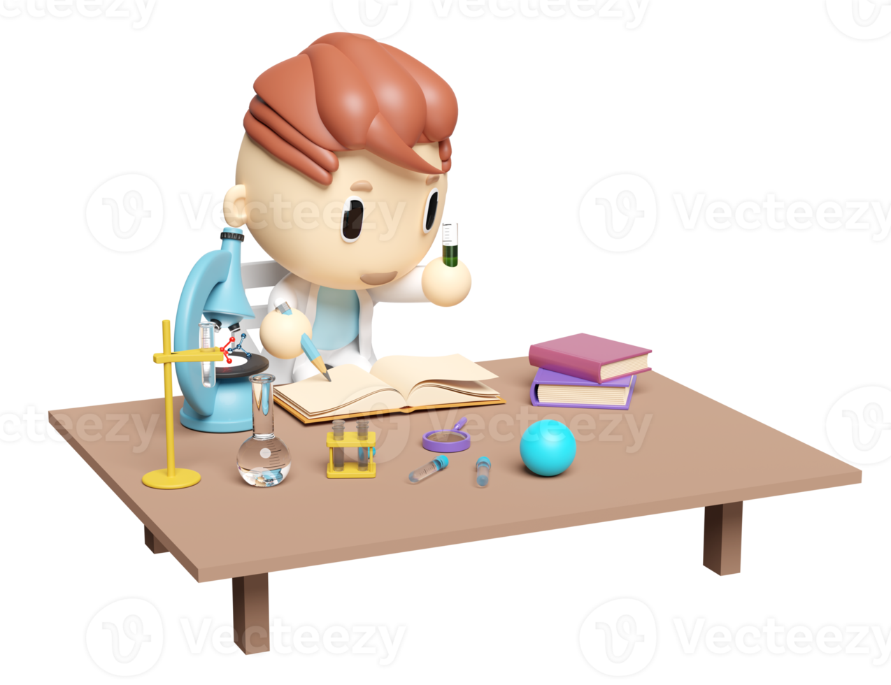 3d miniature cartoon boy character hand hold test tube with science experiment kit, microscope, desk in lab isolated. room innovative education concept, 3d render illustration png