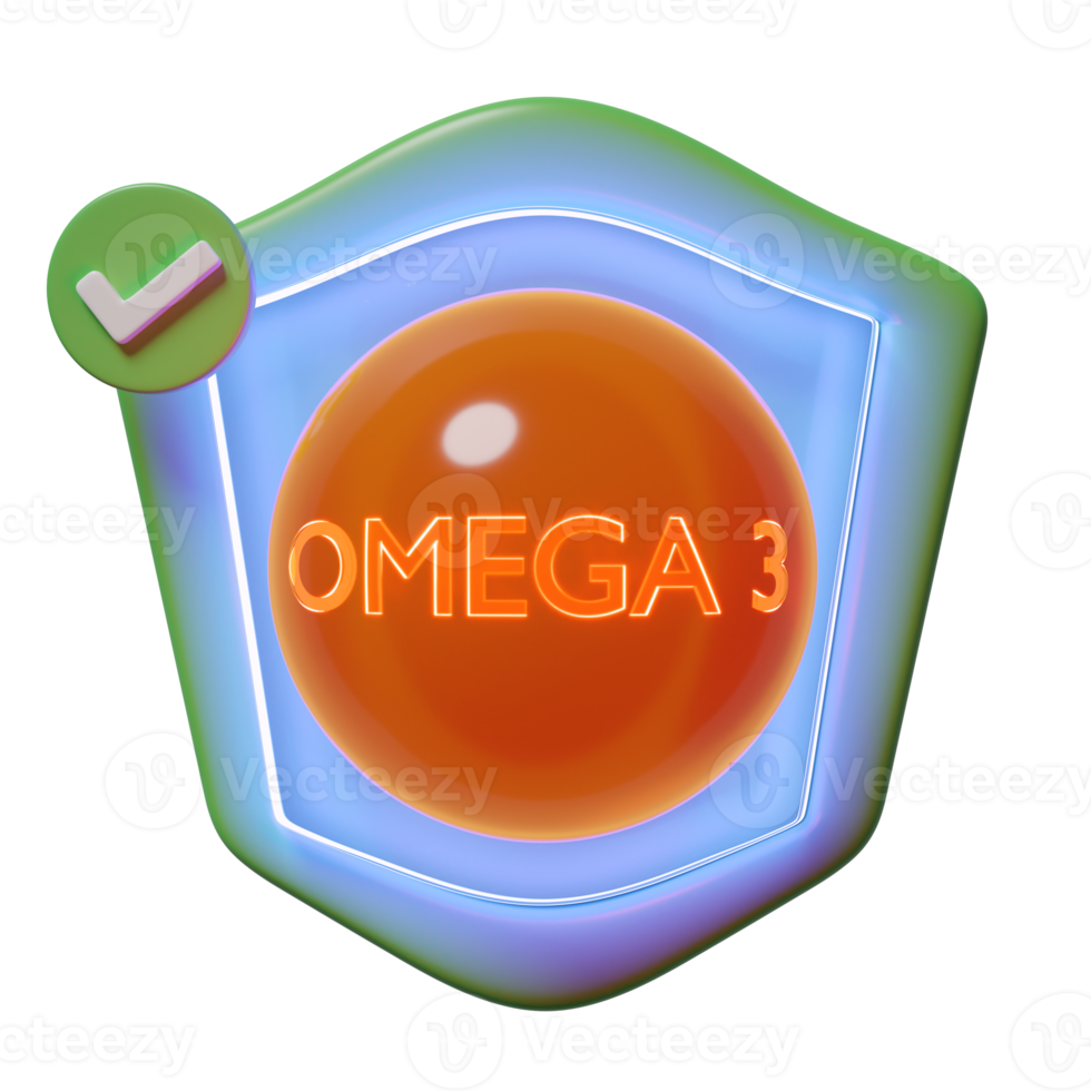 The vitamins your body needs concept, 3d protect your health with omega 3 fatty acids, shield icon, checkmark isolated. 3d render illustration png