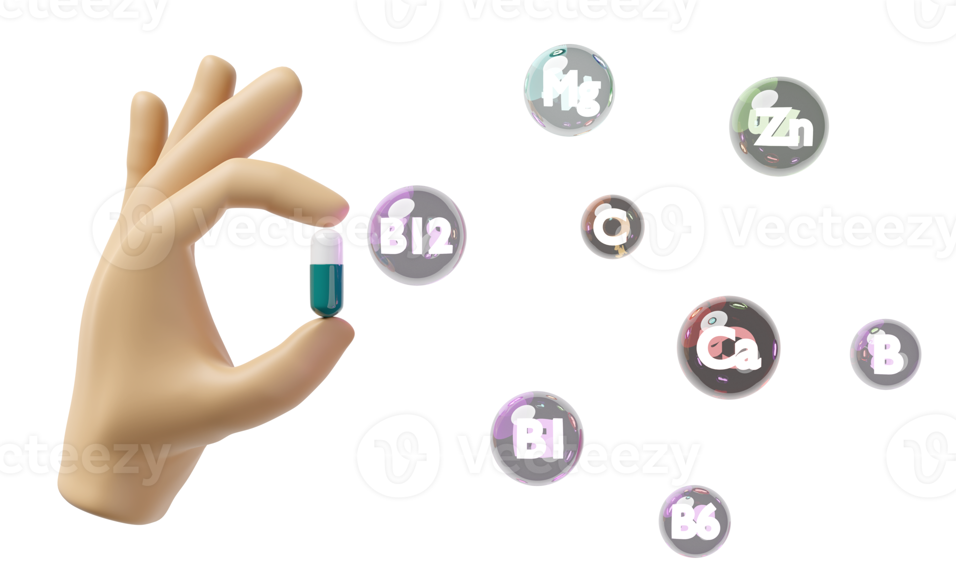 3d hand holding capsule pill with multivitamins, protect your health 
