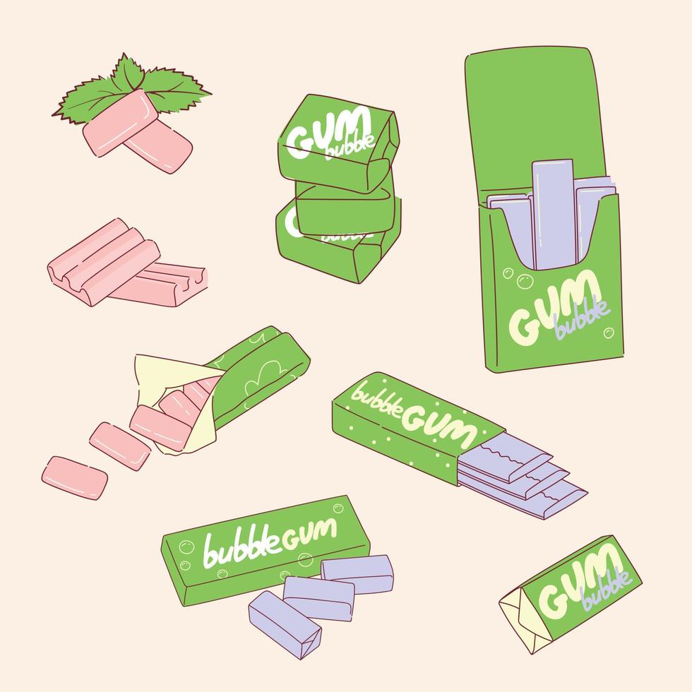 Bubble gum in green pack vector cartoon set isolated on background