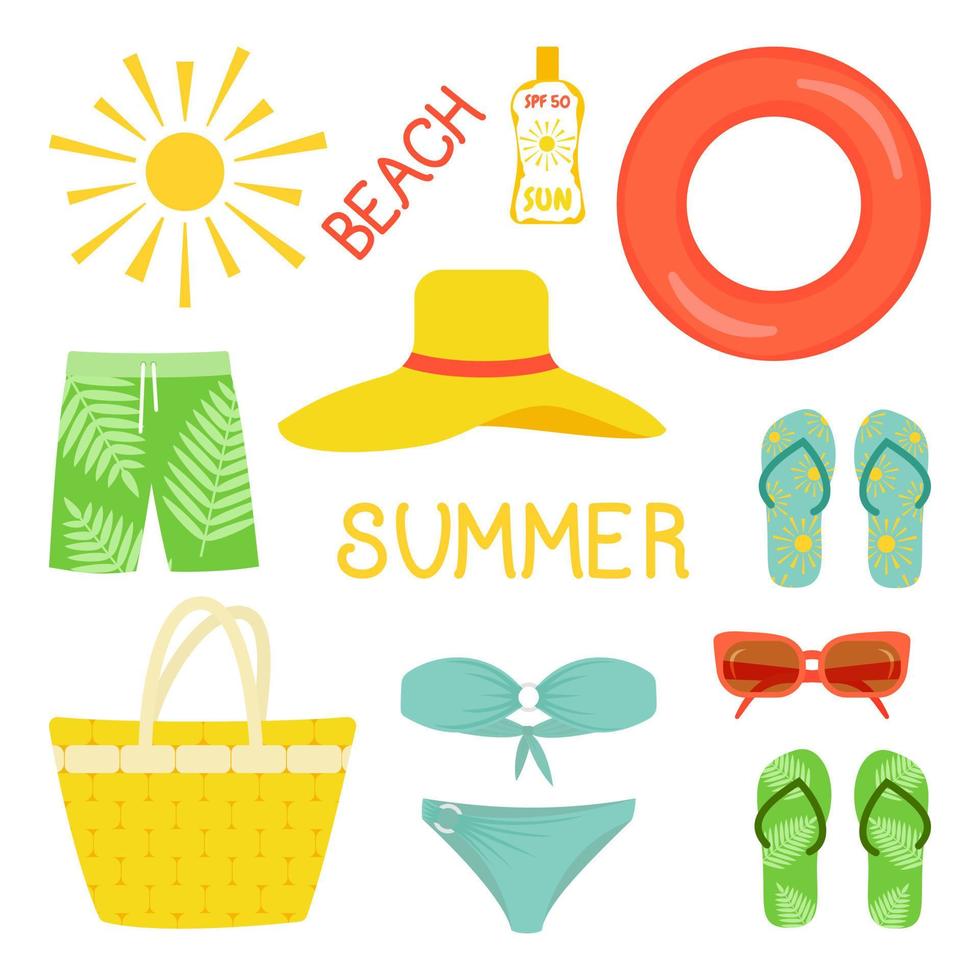 Vector illustration. Collection of Cartoon summer elements. Beach, summer accessory.