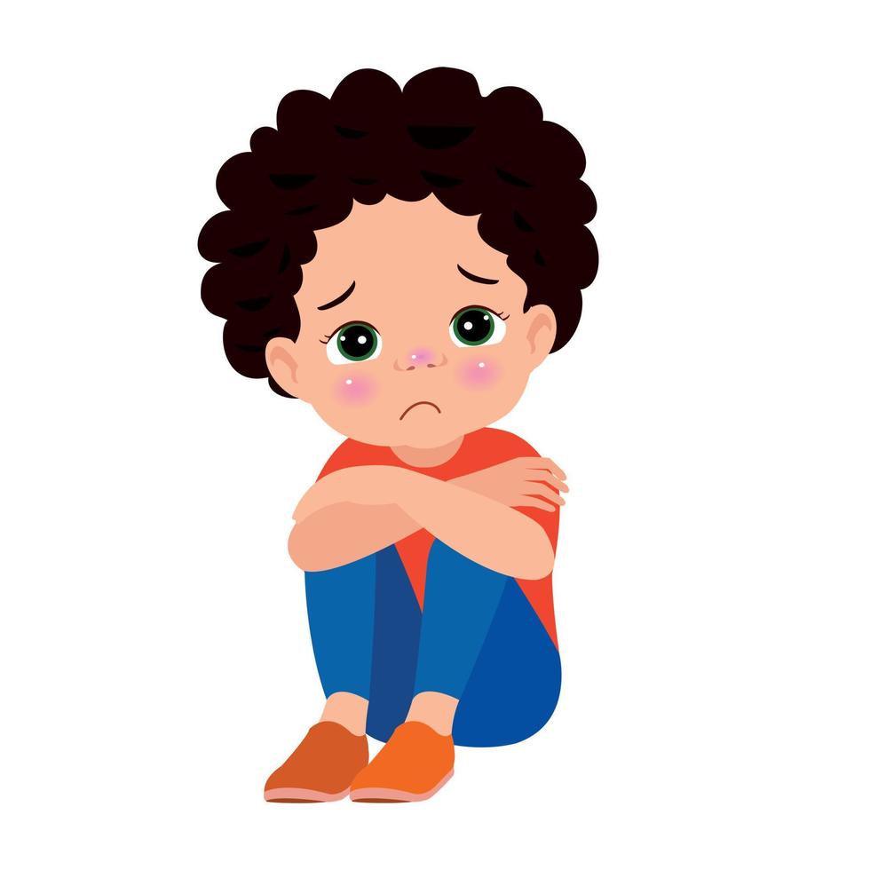 unhappy boy sitting with hands on knees vector