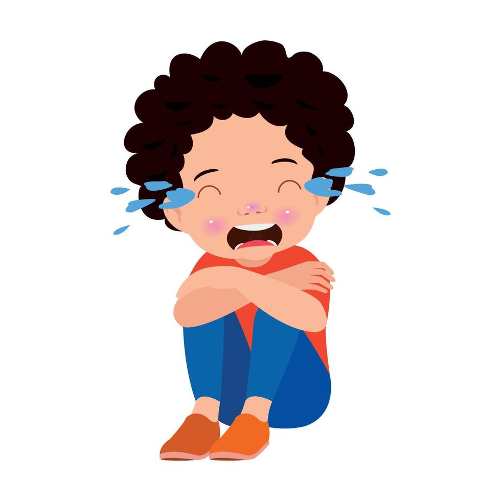 unhappy boy sitting with hands on knees vector