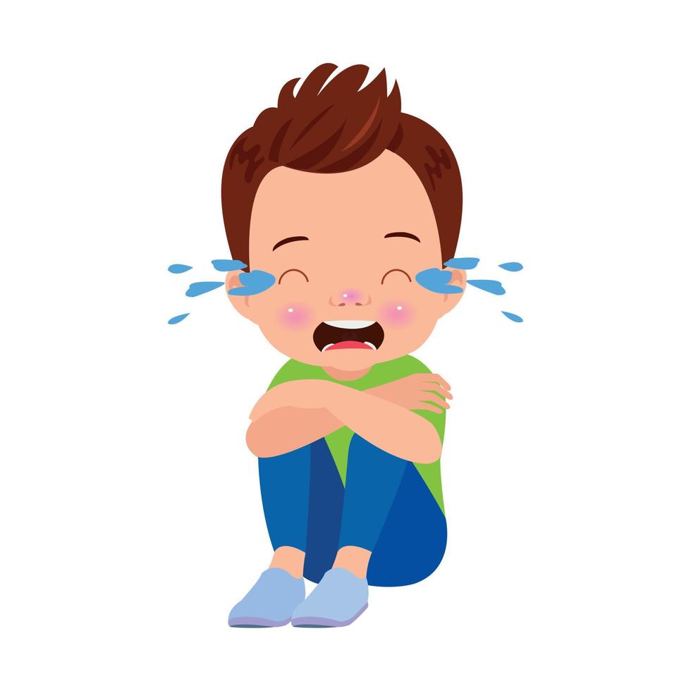 unhappy boy sitting with hands on knees vector