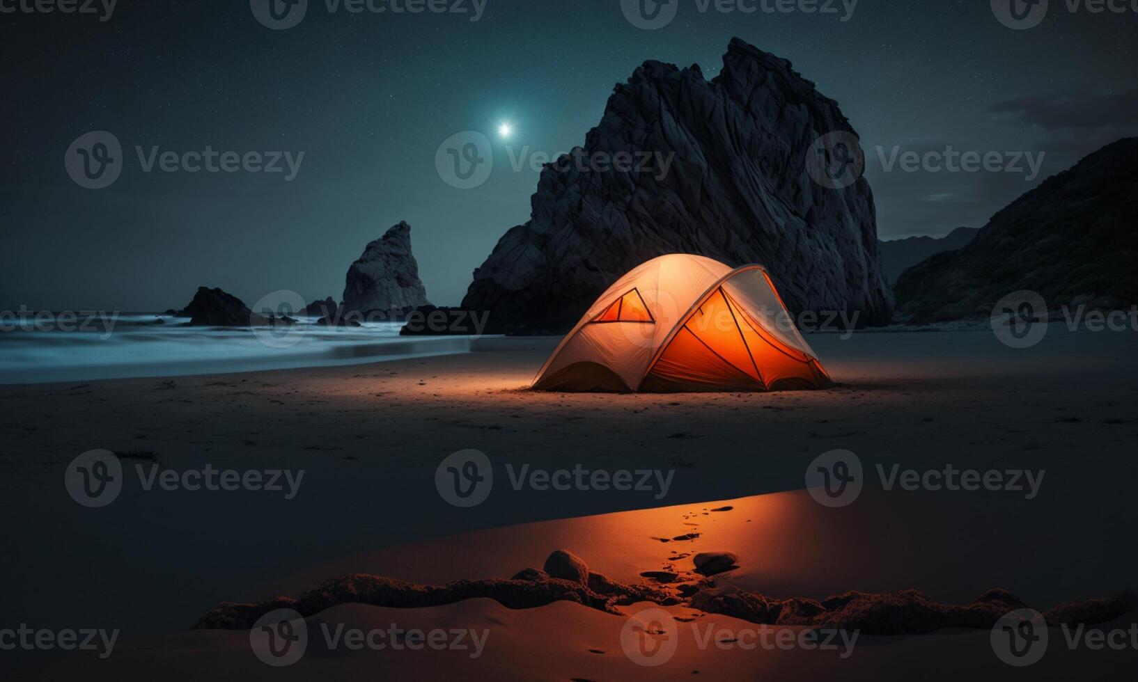 Illuminated tent camping wild on the beach under the night sky, . photo