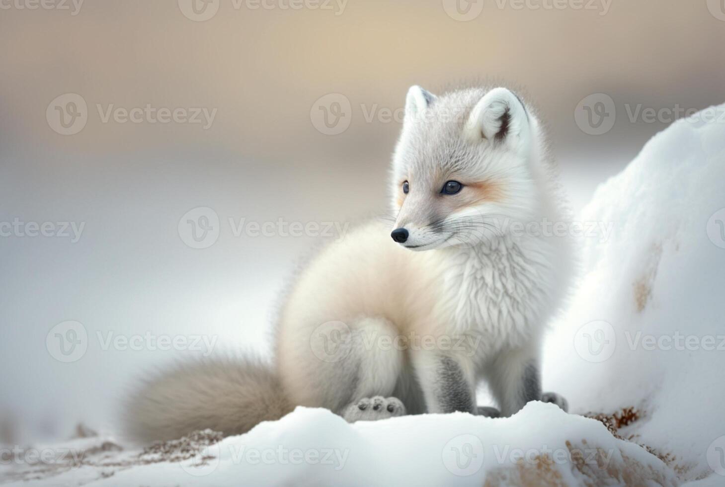 Arctic fox pup or Vulpes Lagopus in snow habitat, photo