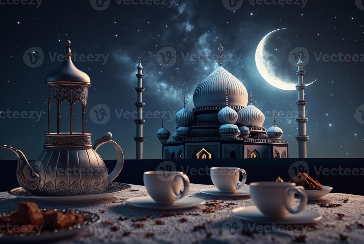 Festive ramadan kareem photo background with cup of tea and dates for iftar menu. illustration