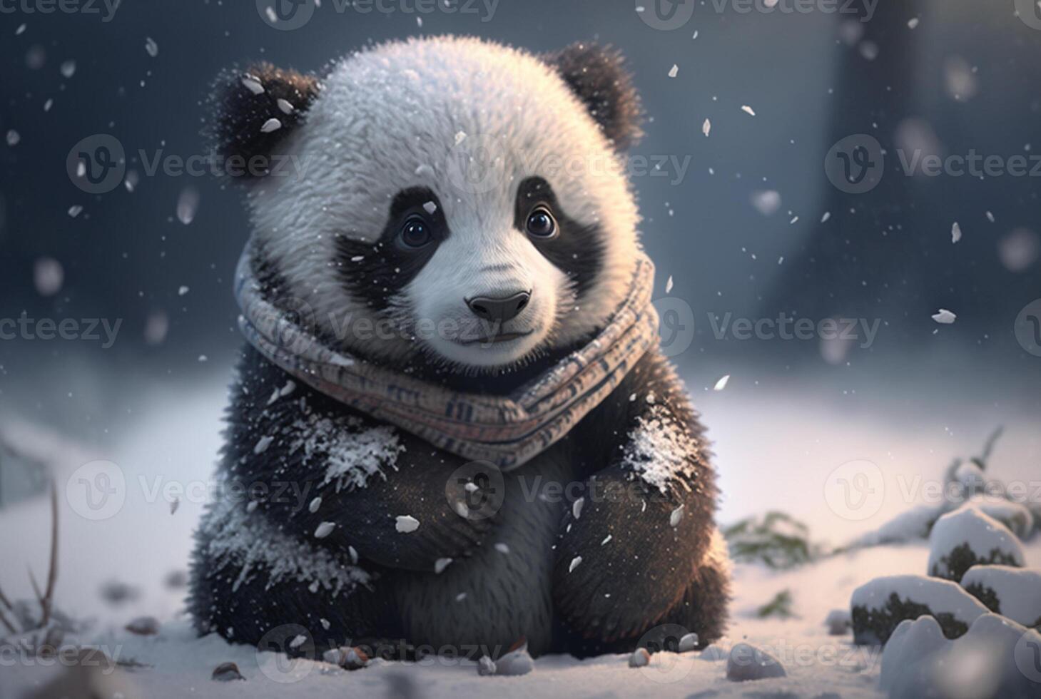 Cute Panda baby playing in snow winter, photo
